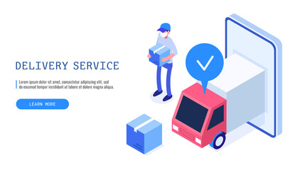 Delivery courier man holding parcel box. Delivery Service concept. Web banner. Vector illustration.