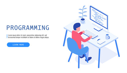 Programming concept. Man programmer at work. Web banner. Vector illustration..