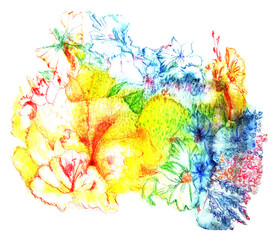 Bouquet di fiori multicolore, sfondo astratto ad acquerello 