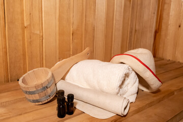 Traditional old Russian bathhouse SPA Concept. Interior details Finnish sauna steam room with...