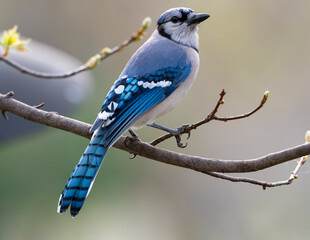 A Blue Jay (Cyanocitta cristata) perching on a branch in an early spring in Shawnee, Kansas.