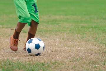 Football soccer children training class. Kindergarten and elementary school kids playing football in a field. Group of boys running and kicking soccer on sports grass pitch. Selective focus on ball.