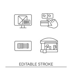 Inventory tracking line icons set. Checking and tracking cargo by barcode. Business concepts. Isolated vector illustrations. Editable stroke