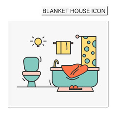 Bathroom color icon. Bathroom with bathtub, curtain towels. House design and modern home bath room interior.Blanket house concept. Isolated vector illustration