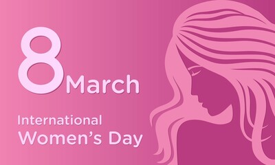 Women's Day March 8th. Greeting card for March 8th Women's Day, silhouette of woman on pink background. Vector illustration design.