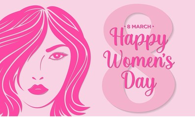 Women's Day March 8th. Greeting card for March 8th Women's Day, silhouette of woman on pink background. Vector illustration design.