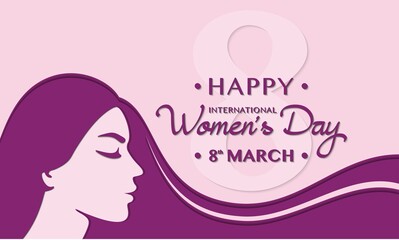 Women's Day March 8th. Greeting card for March 8th Women's Day, silhouette of woman on pink background. Vector illustration design.