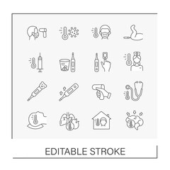 Electronic thermometer line icons set. Control body temperature. Healthcare concepts. Isolated vector illustrations. Editable stroke