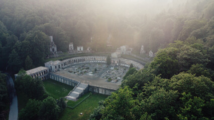 Aerial view of The Monumental Cemetery of Oropa, graveyard built for noble families of the Biellese...