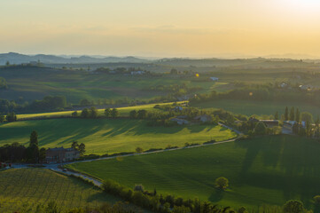 Fototapeta premium Landscape of the hills of Monferrato in Piedmont in Northern Italy at sunset time golden hour