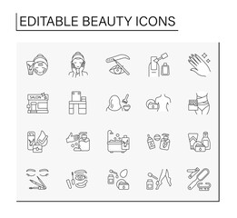 Beauty line icons set. Facial mask, makeup table, mascara and eye patches, beauty salon. Spa concept. Isolated vector illustration. Editable stroke