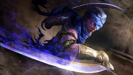 Arab warrior assassin rushes faster than the wind through the desert ruins with two curved sabers on which magical runes, he is a master of shadow leaving a purple mystical trail. 3d rendering art