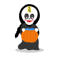 ghost Halloween character holding pumpkin