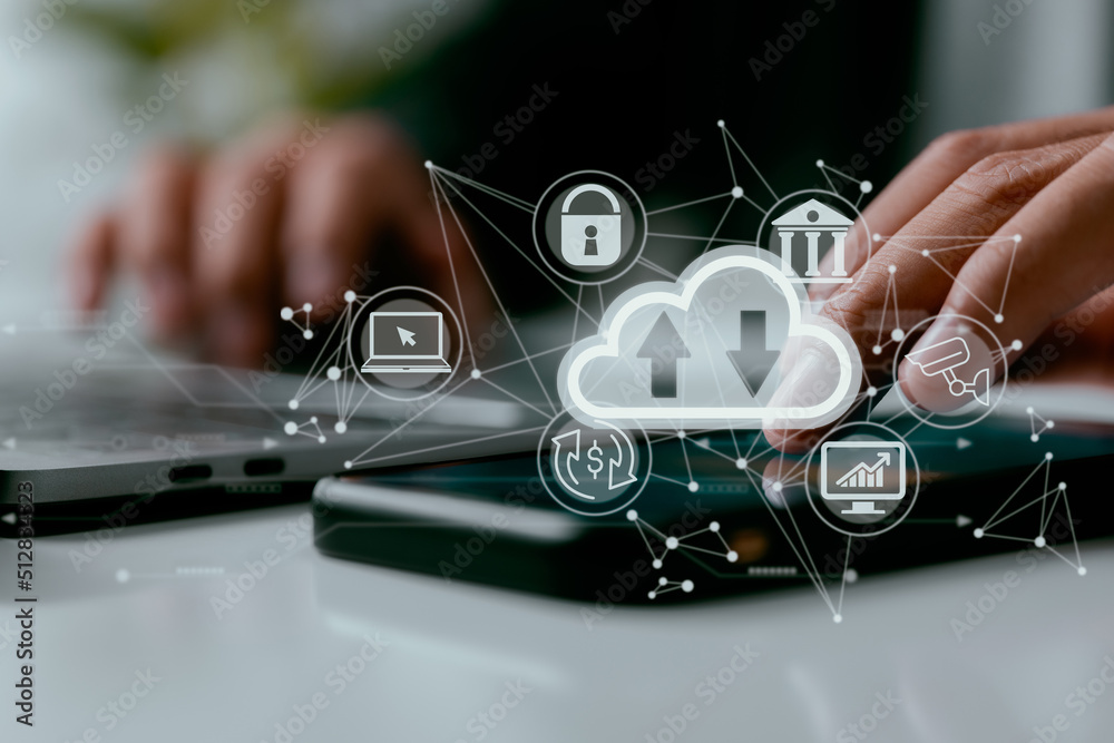 Poster With a cloud computing diagram shown on a laptop, a man works on his computer. Networking and internet service principles and cloud computing technology.