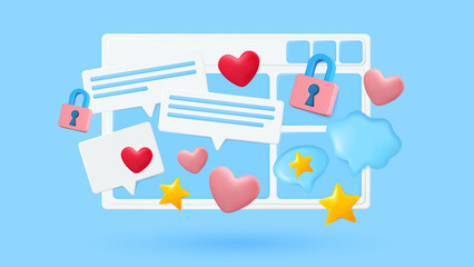 Web page user experience 3d vector concept. Web site page 3d vector. Chat message, forum, client feedback, social media, multimedia. Gaming and online shoping. Internet online entertainment.