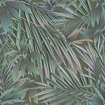 Tropical floral emboss 3d seamless pattern. Green tropic plants background. Exotic relief flowers, palm leaves. Repeat surface vector backdrop. 3d textured leafy ornaments. Endless grunge texture