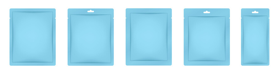 Blue paper sachet or pouch. Vector bags mockup, wet wipes paper or foil packs. Cosmetics samples. Moisturizing sheet face mask. Realistic 3d mock up set
