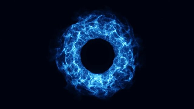 Animated neon symbol of ring of fire. Glow logo frame. Design of moving blue iris of eye. Circle of pure energy. Flaming hoop. Screensaver Cosmic. Fire Gate. Background business, technology. 4k