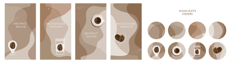 Bundle of round highlight stories covers. Vector layouts kit with coffee take away cup, coffee bean, map pointer, heart, organic shapes, textures. Abstract trendy design for social media marketing ad