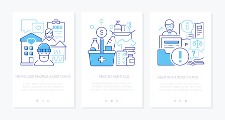 Homeless people assistance - line design style banners set