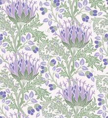 Floral seamless pattern with big violet flowers and green foliage on light background. Pastel colors. Vector illustration. - 512834903