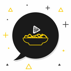 Line Nachos in plate icon isolated on white background. Tortilla chips or nachos tortillas. Traditional mexican fast food. Colorful outline concept. Vector