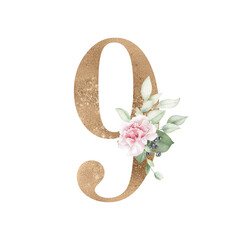 Gold floral number digit 9, botanic bouquet composition. Elegant design for wedding invitations, birthday cards, decoration. Hand painted illustration