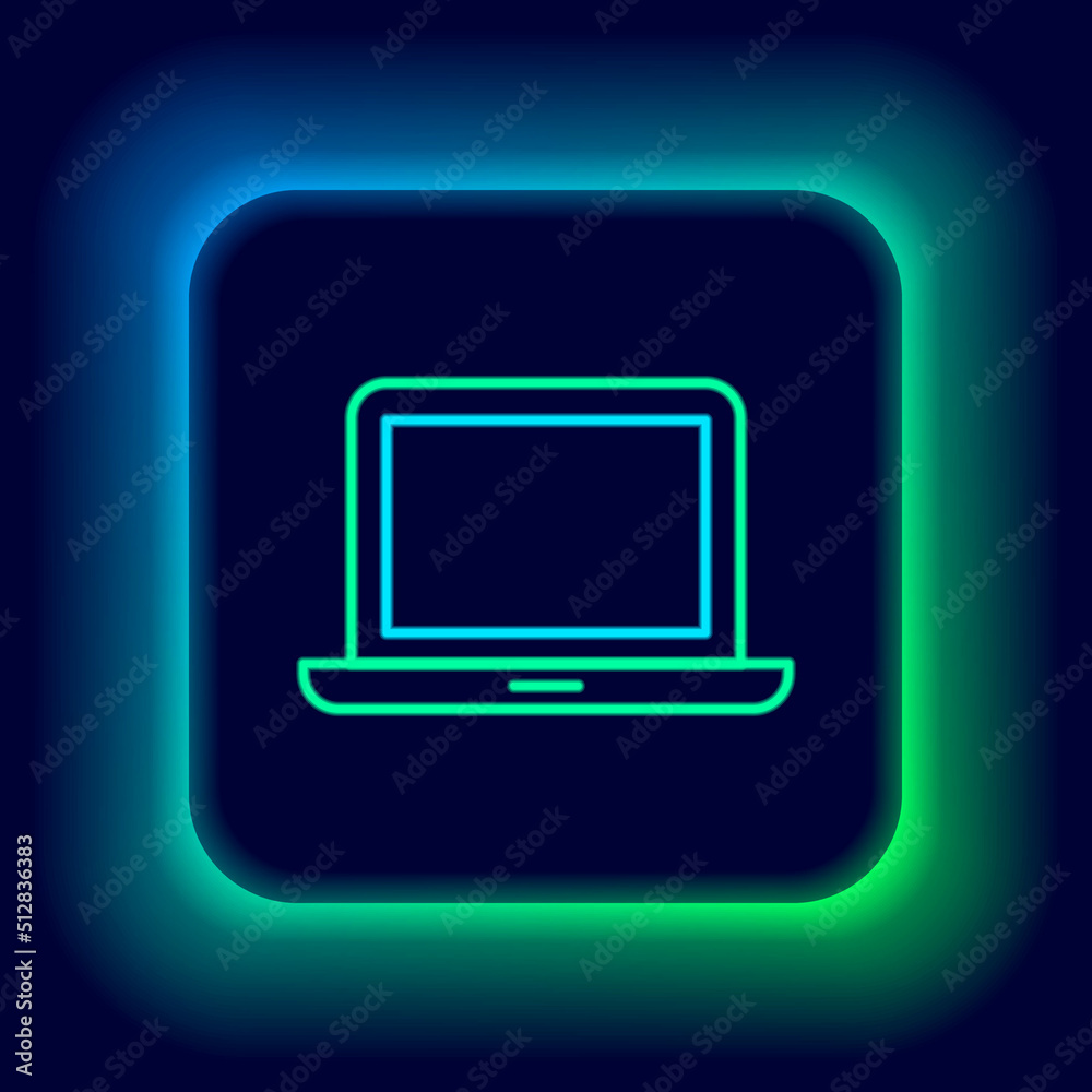 Wall mural glowing neon line laptop icon isolated on black background. computer notebook with empty screen sign