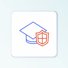 Obraz premium Line Graduation cap with shield icon isolated on white background. Insurance concept. Security, safety, protection, protect concept. Colorful outline concept. Vector