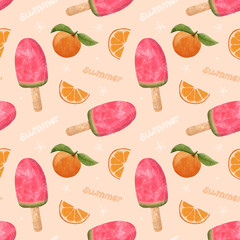 Watercolor Pattern with Watermelon Ice Cream and Orange Fruit. Watermelon Freeze on a stick. Watermelon ice on a stick. A slice of orange. Summer fruit design.