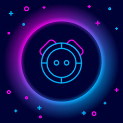 Glowing neon line Robot vacuum cleaner icon isolated on black background. Home smart appliance for automatic vacuuming, digital device for house cleaning. Colorful outline concept. Vector