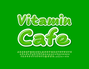 Vector green emblem Vitamin Cafe. Modern handwritten Alphabet Letters and Numbers. Bright Creative Font.