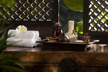 view of spa theme objects on tropic color back 