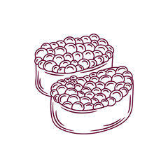 Ikura sushi roll outline. Japanese traditional food icon with salmon caviar. Isolated hand drawn seafood vector illustration.