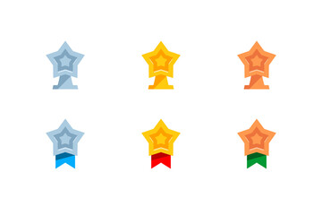 Gold, Silver and Bronze Medal. Winner Medal with star. Prize champion. Flat style