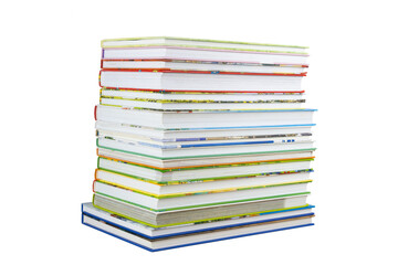 Stack of educational children books and fairy tales, isolated on white background.