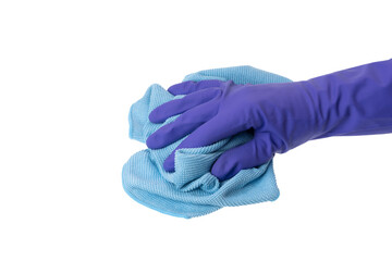 Woman hand in blue rubber glove with microfiber rag for cleaning shiny surfaces, isolated on white background.