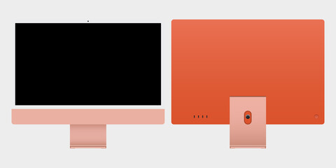 Modern orange computer with blank screen. Vector graphic.