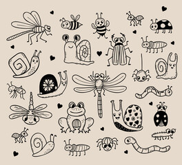 Vector set of cute insect doodles. Linear hand drawing. Funny decorative characters insects, bugs and animals for design, decor, decoration and print