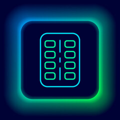 Obraz premium Glowing neon line Nicotine gum in blister pack icon isolated on black background. Helps calm cravings and reduces anxiety caused by quitting smoking. Colorful outline concept. Vector