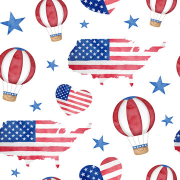 USA Independence Day seamless pattern. Hand drawn watercolor map with American flag, hot air balloon, heart with stars and stripes isolated on white. Patriotic red and blue background.