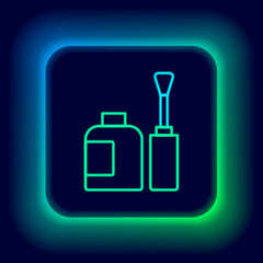 Glowing neon line Bottle of nail polish icon isolated on black background. Colorful outline concept. Vector
