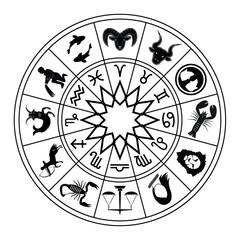 Horoscope Zodiac signs and symbols in circle drawinig in black and white vector