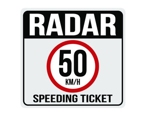 50km/h fine for speeding. Sign indicating speed camera.