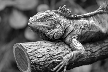 Close up view of a green Iguana resting on a tree in black and white 