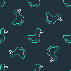 Line Rubber duck icon isolated seamless pattern on black background. Vector