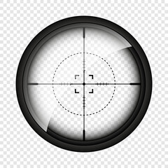 Weapon sight, sniper rifle optical scope. Hunting gun viewfinder with crosshair. Aim, shooting mark symbol. Military target sign, silhouette. Game interface UI element. Vector illustration - obrazy, fototapety, plakaty