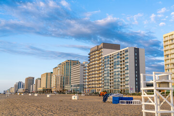 The Virginia Beach oceanfront and hotels at during the morning looking south