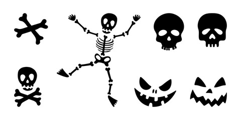 Vector illustration, traditional Halloween icons - skeleton, skull and bones. Set scary decorative elements, isolated on white background. Halloween black silhouettes - skull with bones, scary grins
