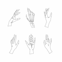 Hand-drawn set of lineart female hands in different poses. Vector illustrations in black outline style